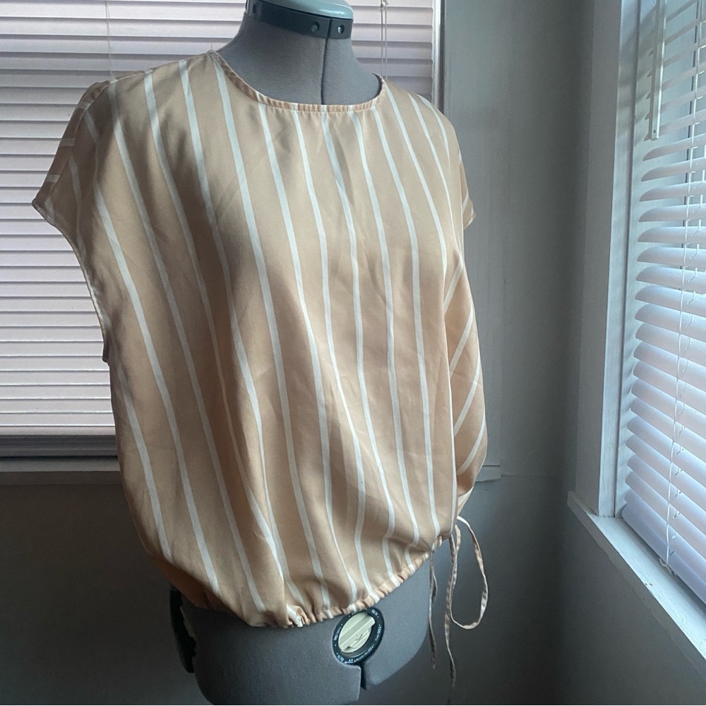 WORTHINGTON Women’s Beige White Striped Blouse Short Sleeve Beige Core Size L